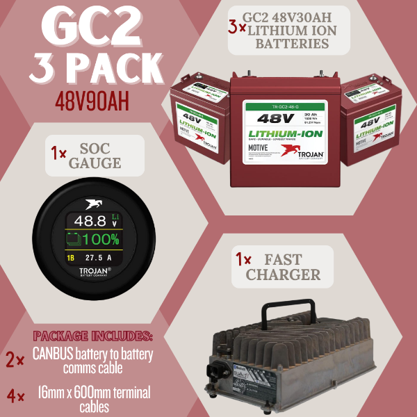 48v lithium battery, 48v 30ah, 48v 90ah, 48v golf battery, 90ah lithium golf battery,  lithium golf cart battery, trojan, GC2, GC2 pack, GC2 3 pack