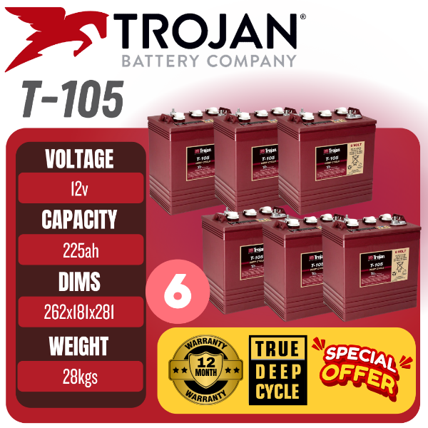 Picture of Trojan T105 6V 225Ah Deep Cycle Golf Cart Battery x 6