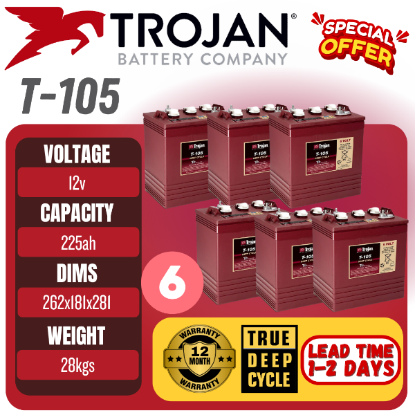Picture of Trojan T105 6V 225Ah Deep Cycle Golf Cart Battery x 6