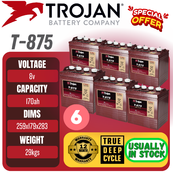 Picture of Trojan T875 8V 170Ah Deep Cycle Golf Cart Battery Set of 6