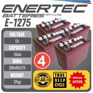 Show details for Enertec 12V 150Ah (T1275 equivalent) Golf Cart Deep Cycle Battery Set of 4 Picture of Enertec 12V 150Ah (T1275 equivalent) Golf Cart Deep Cycle Battery Set of 4