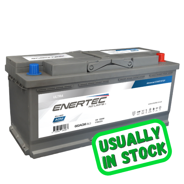 Enertec Silver Car Battery, 660/L6/I1 AGM, 12v 105ah, 1050 CCA, 12v 105ah 1050cca