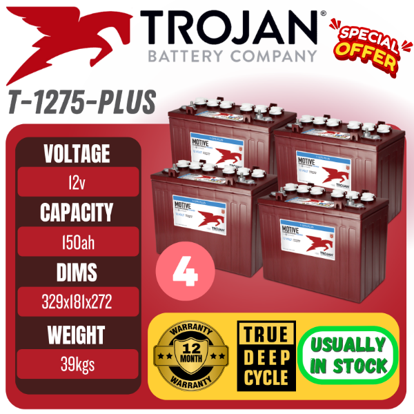Trojan T1275-Plus 12V 150Ah Deep Cycle Golf Cart Battery Setx4